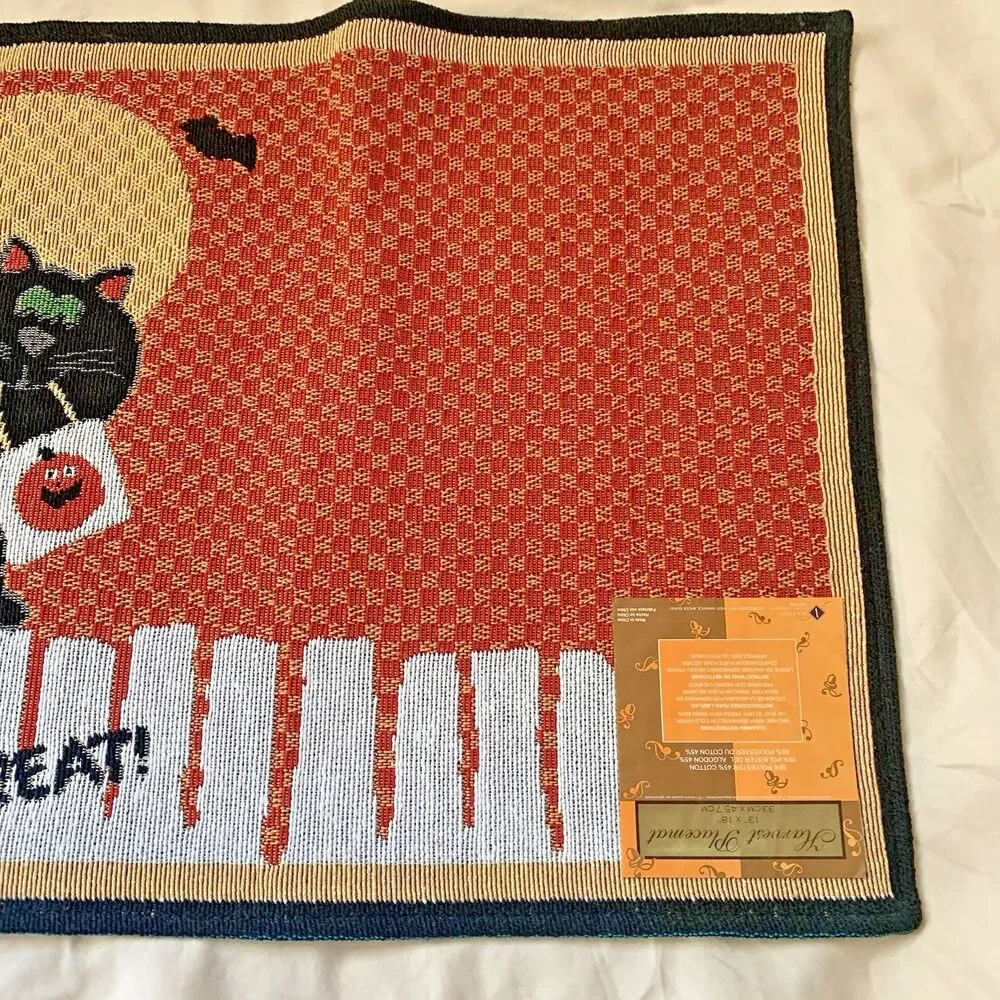 Halloween Woven Tapestry Placements with Black Cat & words: Trick or Treat (4)